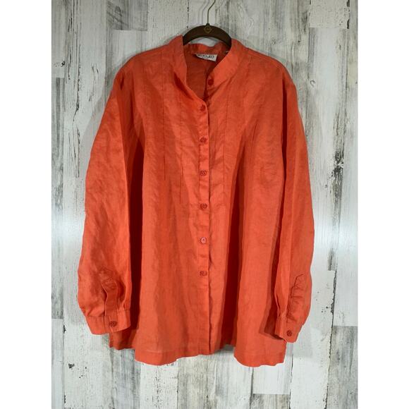 Totonko Button Up Tunic Sz 2X Melon Orange Pintuck Pleats Side Vents 100% Linen - Picture 1 of 9